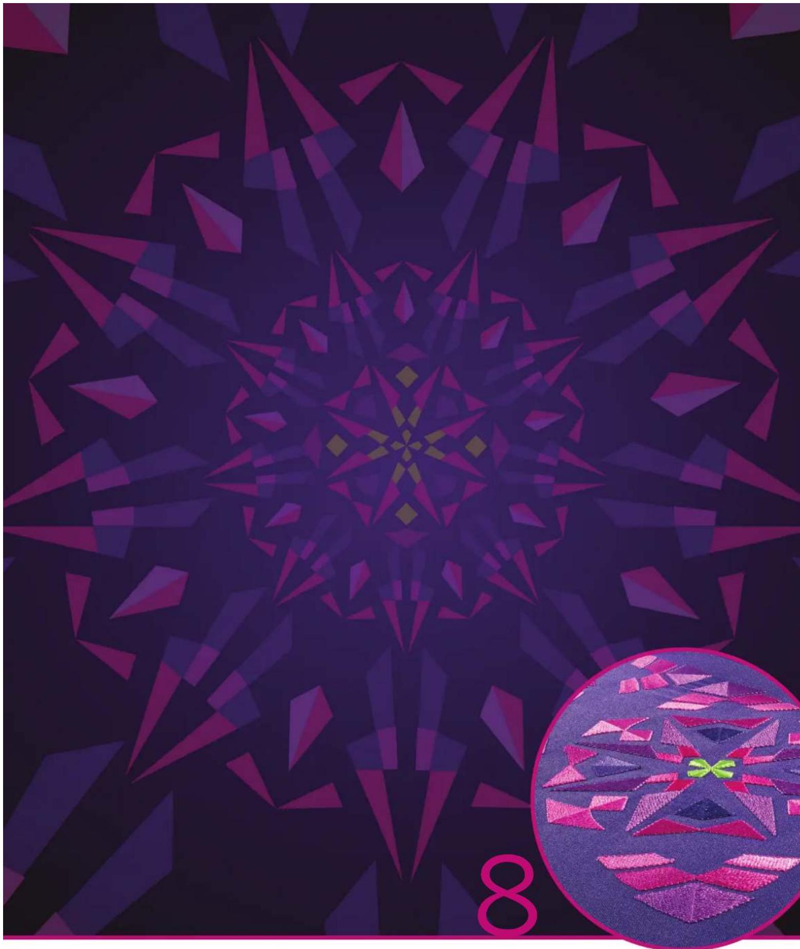 Abstract geometric pattern with purple star-like shapes and a circular inset showing a blue fabric design (no text or symbols)