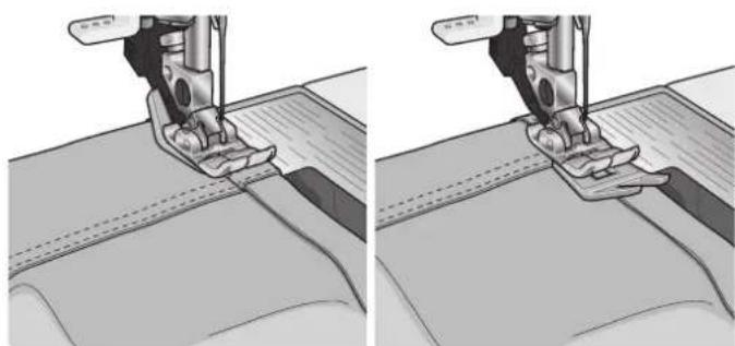 Two-panel illustration showing sewing machine stitching fabric, no text or symbols present