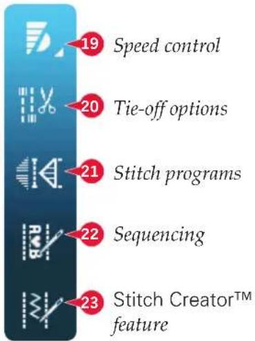 19 Speed control 20 Tie-off options 21 Stitch programs 22 Sequencing 23 Stitch Creator™ feature