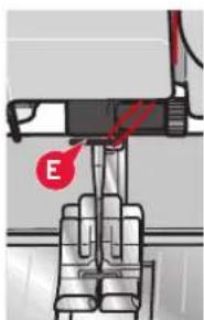 Technical diagram showing a mechanical assembly with labeled component E and reference lines