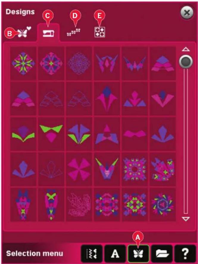 Designs B C D E Selection menu A