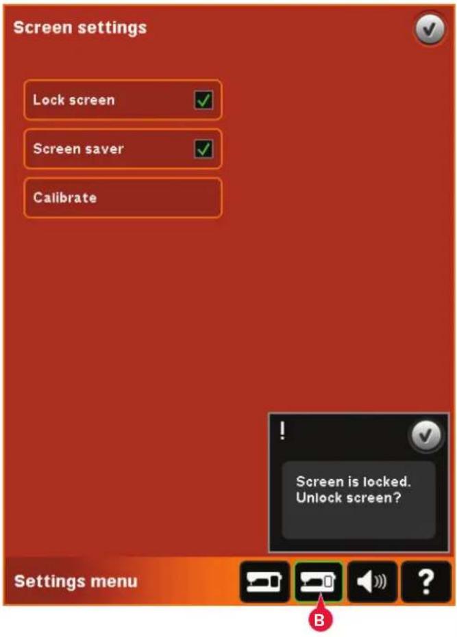Screen settings Lock screen ✓ Screen saver ✓ Calibrate Screen is locked. Unlock screen? Settings menu B