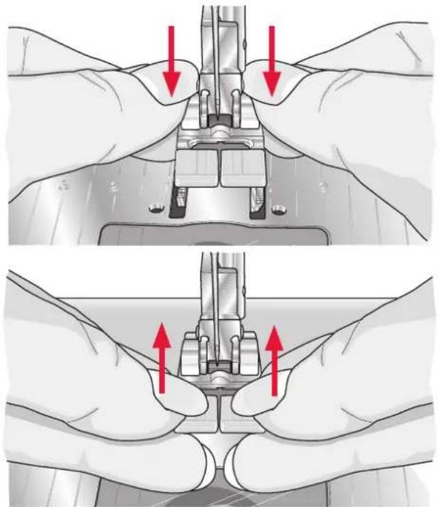 Two-panel illustration showing hands performing a mechanical assembly with red arrows indicating force or movement (no text or symbols present)