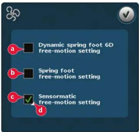 a Dynamic spring foot 6D free-motion setting b Spring foot free-motion setting c Sensormatic free-motion setting d