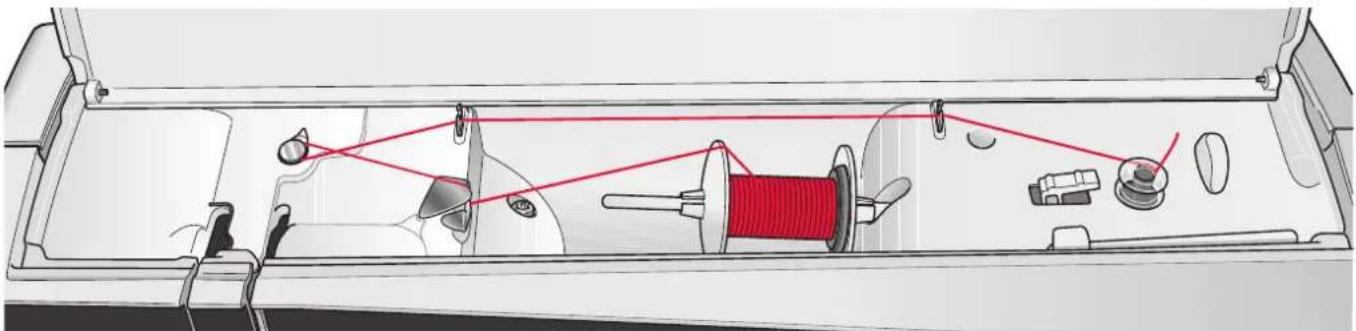 Technical diagram of a mechanical assembly with red wire spool and components (no text or labels)