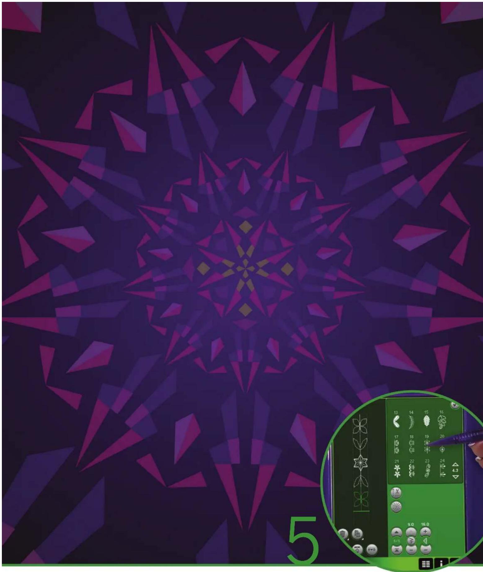 Digital illustration of a purple geometric star pattern with a green control panel and a numbered interface (no readable text or symbols)