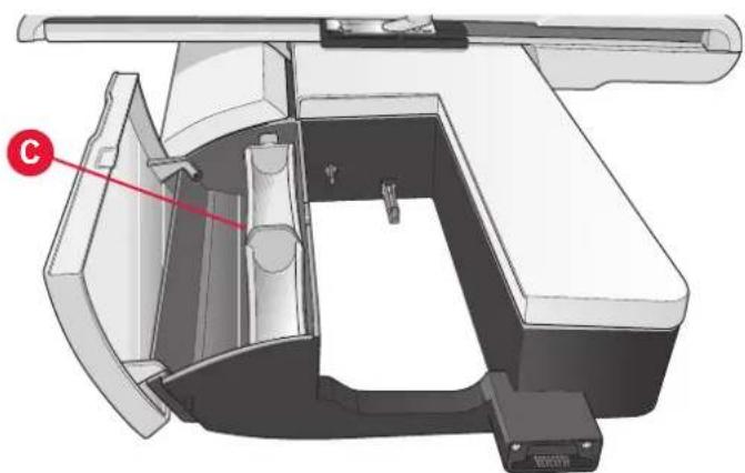 3D mechanical assembly diagram showing internal components and a labeled point C (no text or symbols beyond label)