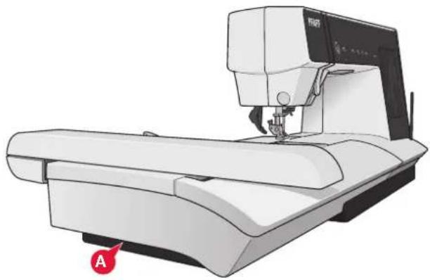 Illustration of a sewing machine with a needle inserted, labeled 'A' in red (no text or symbols on the device itself)