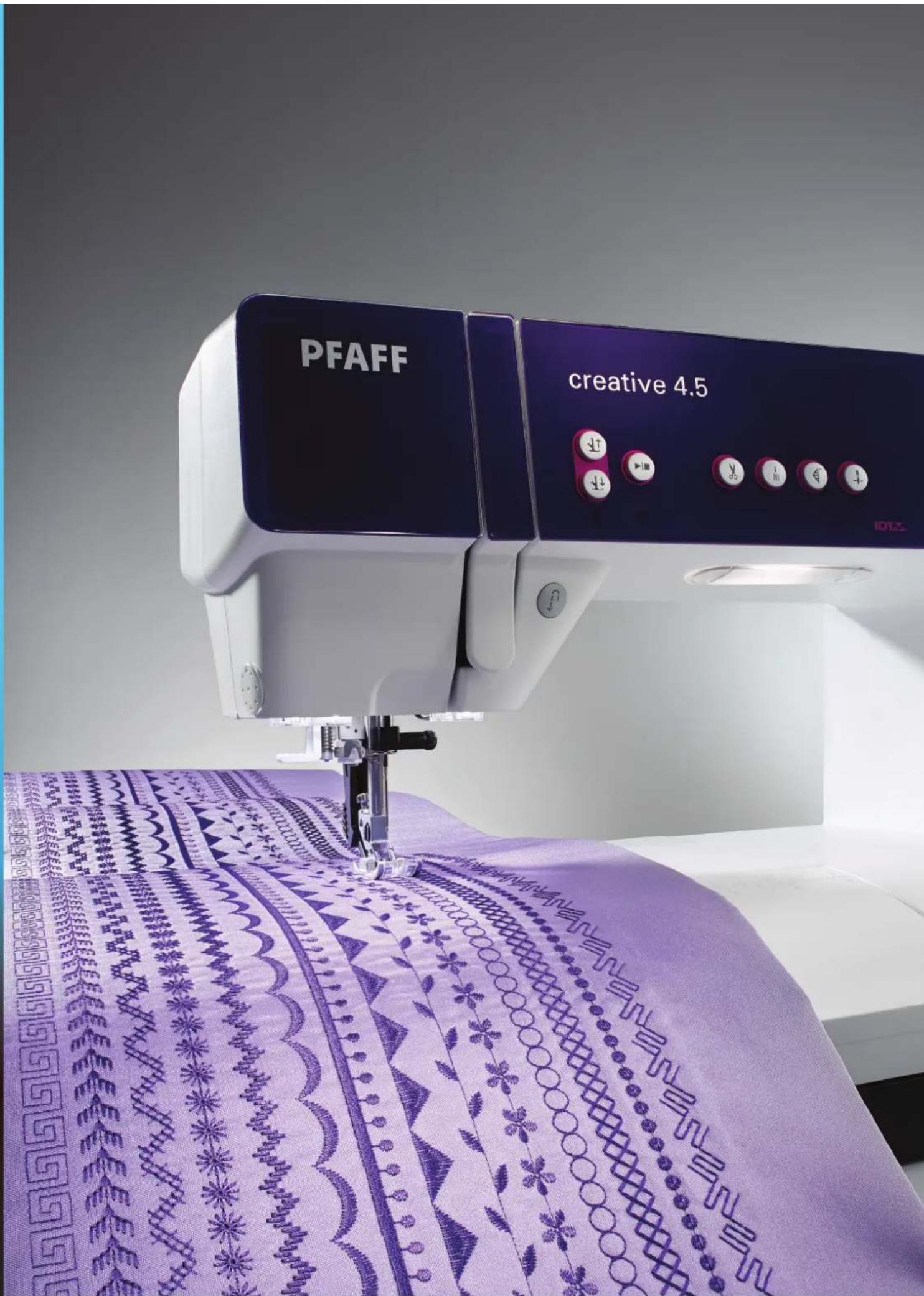 Close-up of a PFAFF sewing machine needle stitching a purple textile with floral patterns (no visible text or symbols on the machine body)