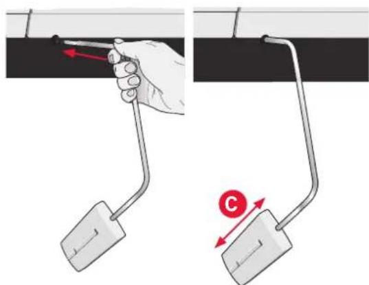Illustration of a hand holding a tool with red arrows indicating direction, alongside a separate mechanical component labeled 'C' (no text or symbols present)