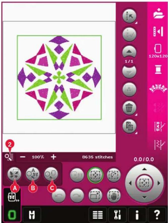 Screenshot of a graphic design software interface showing a purple star pattern within a green square, with tool panels and control buttons visible.