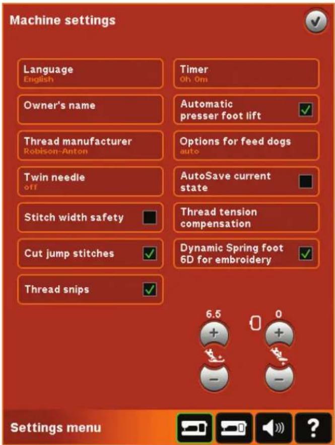 Machine settings Language English Owner's name Thread manufacturer Robison-Anton Twin needle off Stitch width safety Cut jump stitches Thread snips Timer Oh Om Automatic presser foot lift Options for feed dogs auto AutoSave current state Thread tension compensation Dynamic Spring foot 6D for embroid…