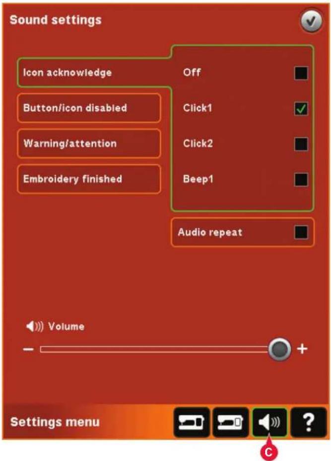Sound settings Icon acknowledge Button/icon disabled Warning/attention Embroidery finished Off Click1 Click2 Beep1 Audio repeat Volume Settings menu