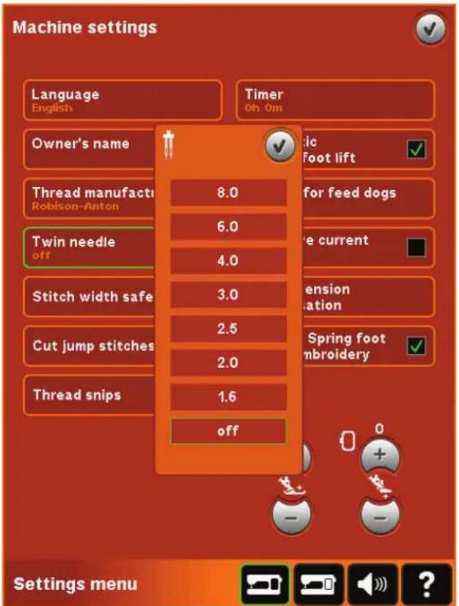 Machine settings Language English Timer Oh Om Owner's name Thread manufacture Robison-Anton 8.0 for feed dogs 6.0 Twin needle off 4.0 Stitch width safe 3.0 Extension of matation 2.5 Cut jump stitches 2.0 Spring foot mbroidery Thread snips 1.6 off Settings menu