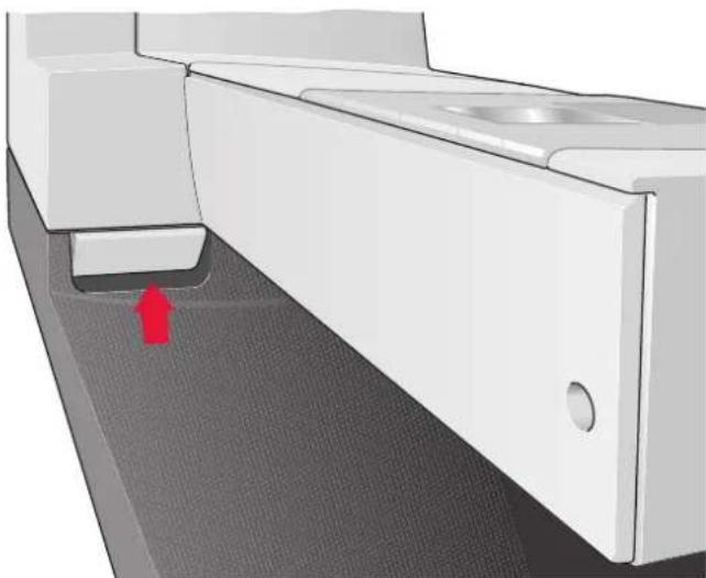 3D rendering of a white toilet with a red arrow pointing to the drain (no text or symbols)