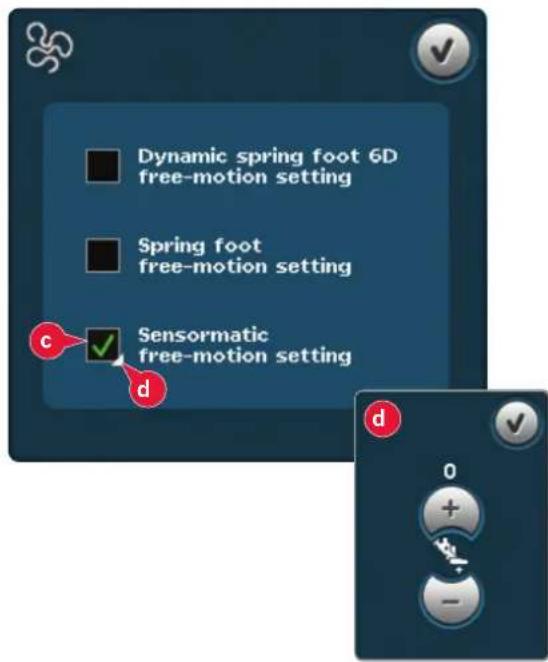 Dynamic spring foot 6D free-motion setting Spring foot free-motion setting c Sensormatic free-motion setting d 0 + - -