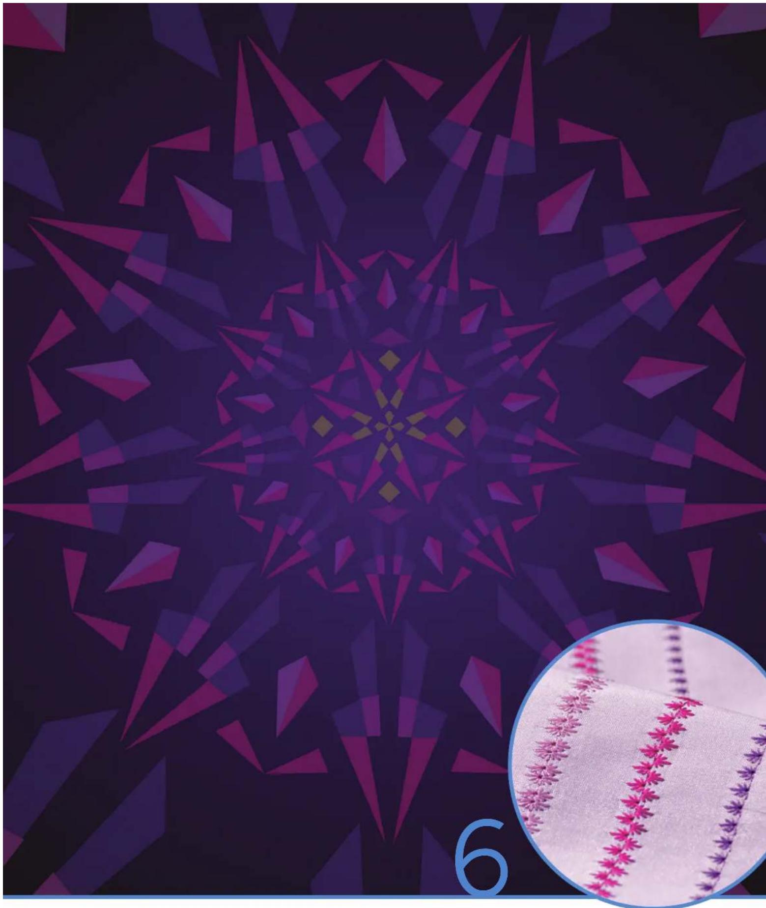 Abstract geometric pattern with pink star-like shapes and a blue circular inset showing a sewing machine stitching (no text or symbols)