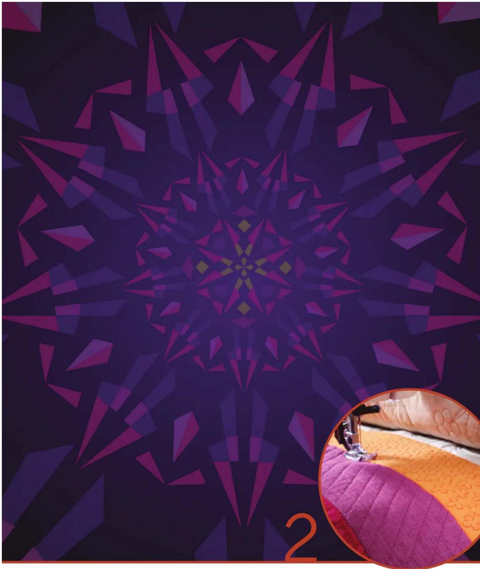 Abstract geometric pattern with purple star-like shapes and a close-up of a sewing machine stitching a textured fabric (no text or symbols)