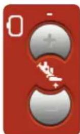 Red device with two gray buttons and a white hand icon, no visible text or symbols