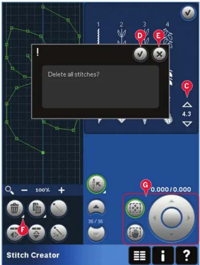Delete all stitches? 1 2 3 4 D E C 4.3 - 100% + G 0.000 / 0.000 35 / 35 F 3x % Stitch Creator