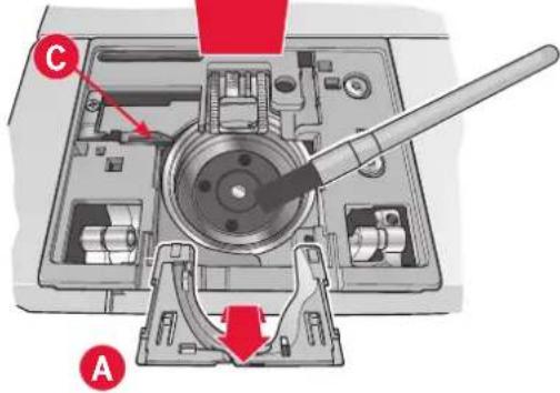 Technical diagram of a mechanical device with labeled parts A and C, showing internal components and directional arrows.