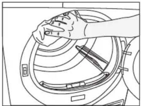 Line drawing of hands cleaning a washing machine (no text or symbols)