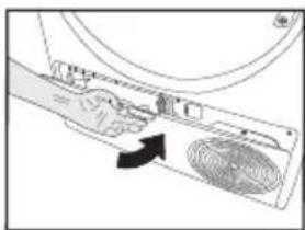 Diagram of a hand pressing down on a fan component with an arrow indicating motion (no text or symbols present)