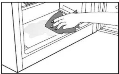 Line drawing of a hand cleaning a shelf with a cloth (no text or symbols)