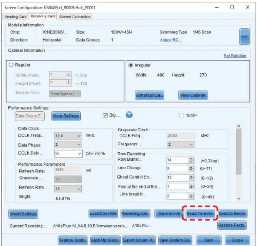 Screen Configuration-US8@Port_0009.Hub_0001 Sending Card | Receiving Card | Screen Connection Module Information Chip: ICND2065/... Size: 120W×45H Scanning Type 1/45 Scan Direction: Horizontal Data Groups 1 Adjust RG... Cabinet Information Regular Width (Pixel) 1 <=256 Height (Pixel) 1 <=128 Module…
