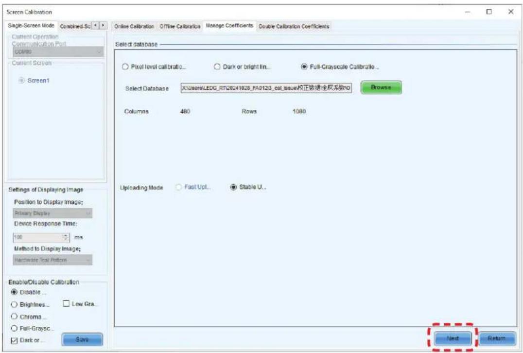 Screen Calibration Single-Screen Mode Combined Sc Current Operation Communication Port comp Current Screen Screen1 Select database Pixel level calibration... Dark or bright lit... Full-Grayscale Calibrallo... Select Database X:\Users\LEDG_RT20241028_FA0123_cal_issue校正链接全层系数NO Browse Columns 480 Rows…