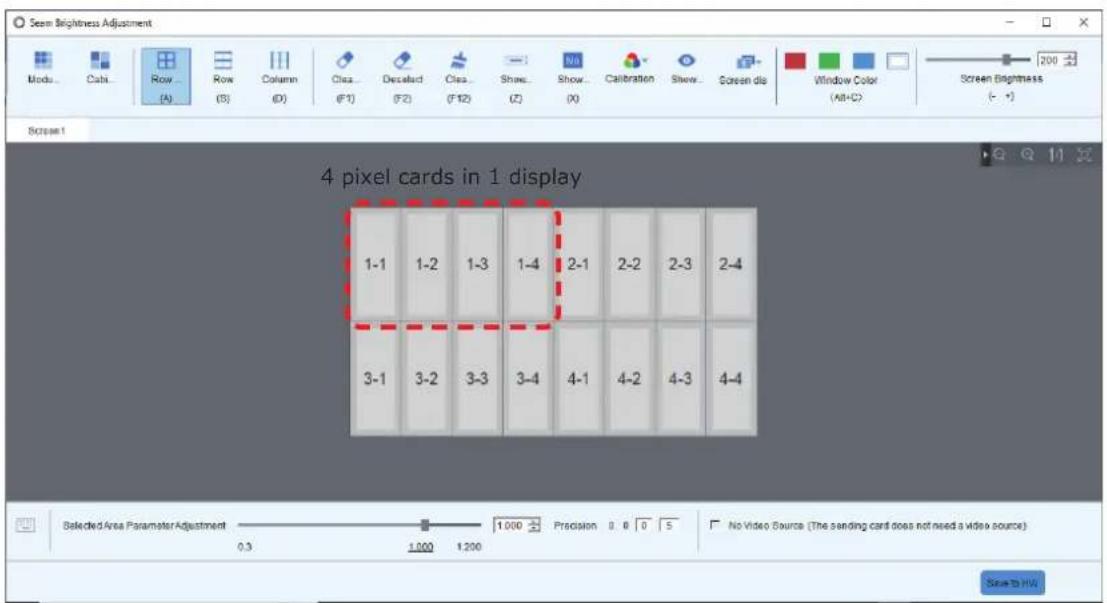 Seam Brightness Adjustment Modu... Cabs... Row... Row ... Column ... Clca... Decalact ... Clca... Show... Show... Calibration Show... Screen dis Window Color Screen Brightness (A) (S) (D) (F1) (F2) (F12) (Z) (X) (All+C) Screen1 4 pixel cards in 1 display 1-1 1-2 1-3 1-4 2-1 2-2 2-3 2-4 3-1 3-2 3-3 3…