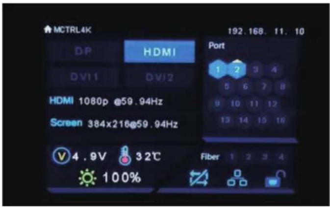 MCTRL4K 192.168. 11. 10 DP HDMI DVI1 DVJ2 HDMI 1080p @59.94Hz Screen 384x216@59.94Hz Port 1 2 3 4 5 6 7 8 9 10 11 12 13 14 15 16 V 4.9V 32℃ Fiber 1 2 3 4 100%