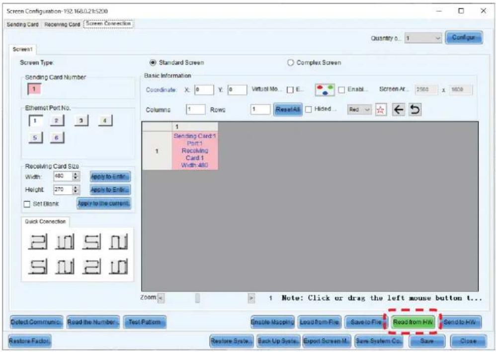 Screen Configuration-192.168.0.2165200 Sending Card Receiving Card Screen Connection Quantity 0.. 1 Configur Screen1 Screen Type: Sending Card Number 1 Ethernet Port No. 1 2 3 4 5 6 Receiving Card Size Width: 480 Apply to Enter Height: 270 Apply to Enter Set Blank Apply to the current Quick Connecti…
