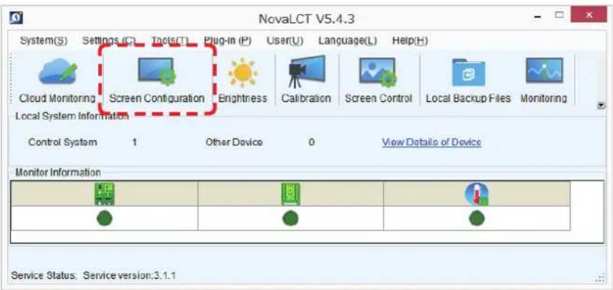 NovaLCT V5.4.3 System(S) Settings (C) Tools(T) Plug-In (P) User(U) Language(L) Help(H) Cloud Monitoring Screen Configuration Brightness Calibration Screen Control Local Backup Files Monitoring Local System Information Control System 1 Other Device 0 View Details of Device Monitor Information Service…