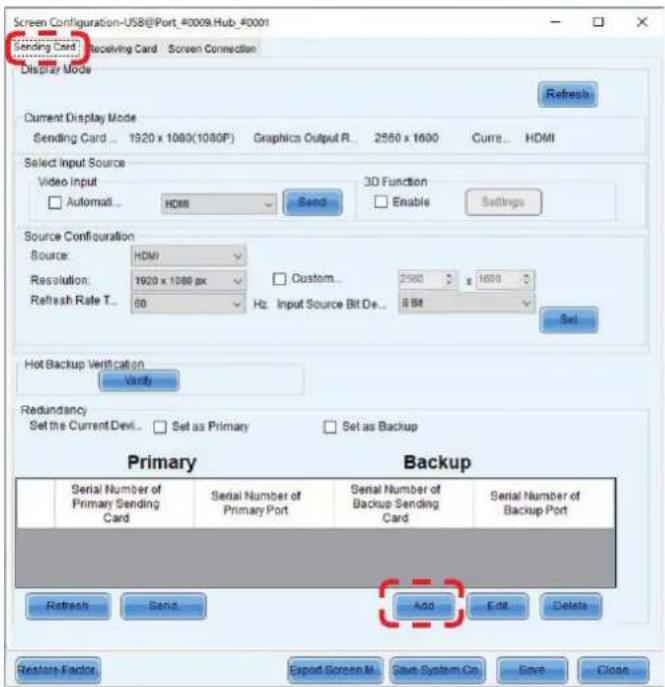 Screen Configuration-USB@Port_ #0009.Hub_ #0001 Sending Card Receiving Card Screen Connection Display Mode Refresh Current Display Mode Sending Card ... 1920 x 1080(1080P) Graphics Output R... 2550 x 1600 Curre... HDMI Select Input Source Video Input Automati... HDMI Send 3D Function Enable Settings…
