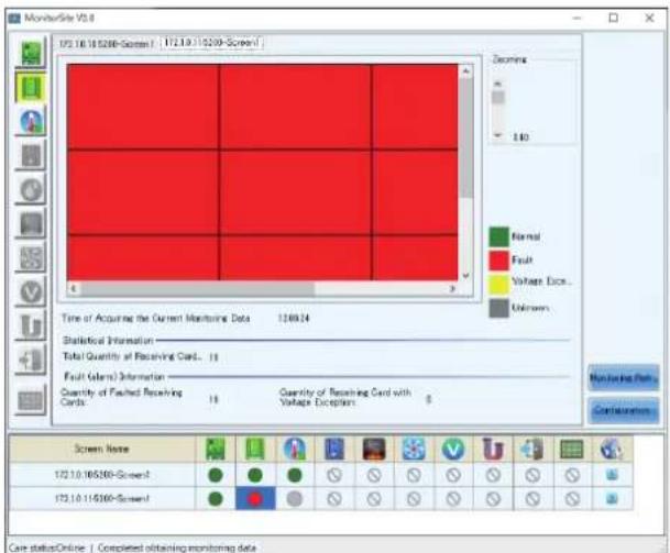 MonitorSite V2.6 V2.10.18/5200-Screen1 172.10.11/5200-Screen1 Time of Acquiring the Current Monitoring Data 1249.24 Statistical Information Total Quantity of Receiving Card... 13 Fault Values Information Quantity of Paused Receiving Cards 13 Quantity of Receiving Card with Voltage Exception 0 Screen…