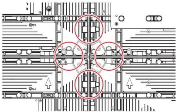 Architectural floor plan with four red-circled annotations highlighting structural elements and features