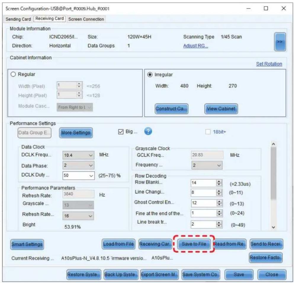 Screen Configuration-USB@Port_#0009.Hub_#0001 Sending Card Receiving Card Screen Connection Module Information Chip: ICND2065/... Size: 120W×45H Scanning Type 1/45 Scan Direction: Horizontal Data Groups 1 Adjust RG... Cabinet Information Regular Width (Pixel) 1 <=256 Height (Pixel) 1 <=128 Module Ca…