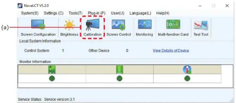 NovaLCT V5.2.0 System(S) Settings (C) Tools(T) Plug-in (P) User(U) Language(L) Help(H) Screen Configuration Brightness Calibration Screen Control Monitoring Multi-function Card Test Tool Local System Information Control System 1 Other Device 0 View Details of Device Monitor Information Service Statu…