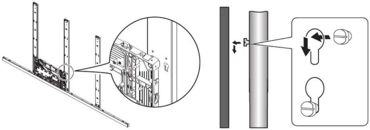 Technical diagram showing installation of a door frame with close-up detail and lock mechanism diagram