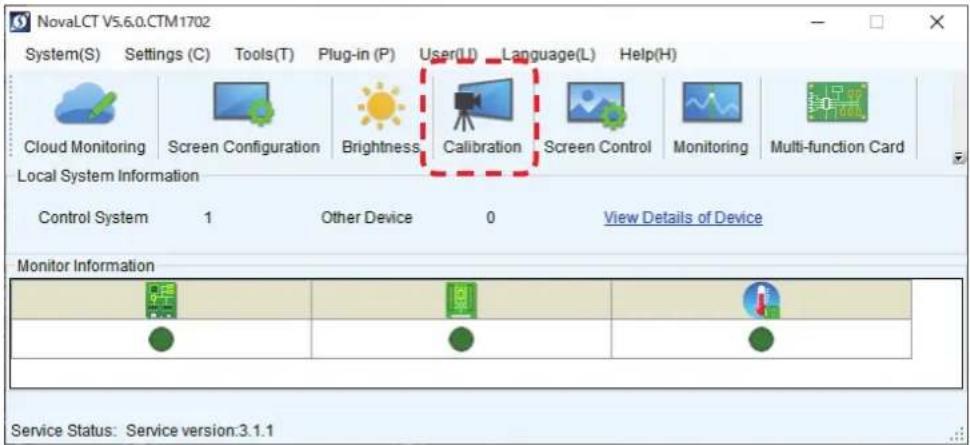 NovaLCT V5.6.0.CTM1702 System(S) Settings (C) Tools(T) Plug-in (P) User(U) Language(L) Help(H) Cloud Monitoring Screen Configuration Brightness Calibration Screen Control Monitoring Multi-function Card Local System Information Control System 1 Other Device 0 View Details of Device Monitor Informatio…