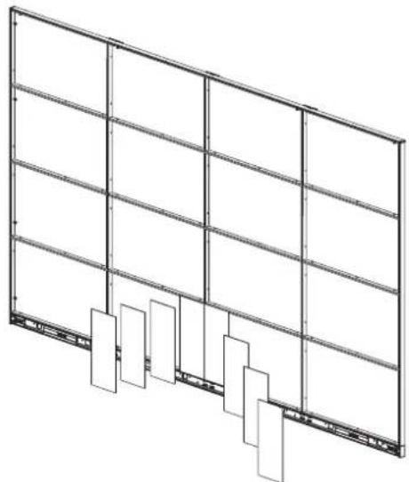Isometric line drawing of a multi-panel storage or ventilation system with vertical panels and hanging components (no text or symbols)