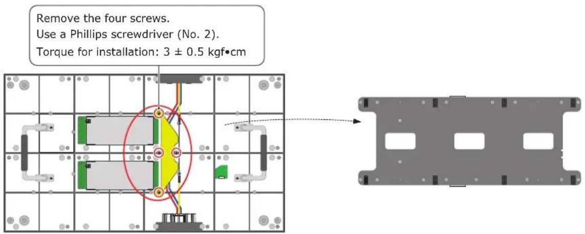 Remove the four screws. Use a Phillips screwdriver (No. 2). Torque for installation: 3 ± 0.5 kgf•cm