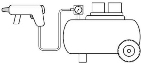 Line drawing of a portable air gun connected to a cylindrical tank with a pressure gauge (no text or symbols)