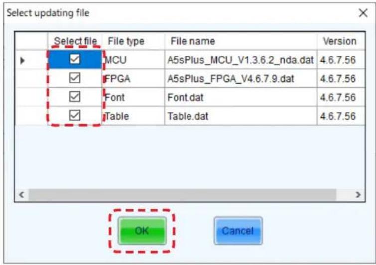 Select updating file Select file File type File name Version MCU A5sPlus_MCU_V1.3.6.2_nda.dat 4.6.7.56 FPGA A5sPlus_FPGA_V4.6.7.9.dat 4.6.7.56 Font Font.dat 4.6.7.56 Table Table.dat 4.6.7.56 OK Cancel