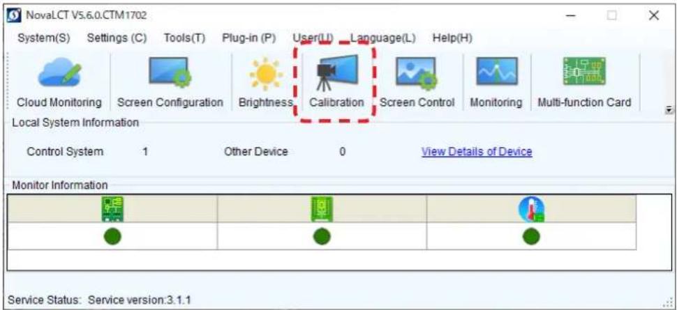 NovaLCT V5.6.0.CTM1702 System(S) Settings (C) Tools(T) Plug-in (P) User(U) Language(L) Help(H) Cloud Monitoring Screen Configuration Brightness Calibration Screen Control Monitoring Multi-function Card Local System Information Control System 1 Other Device 0 View Details of Device Monitor Informatio…