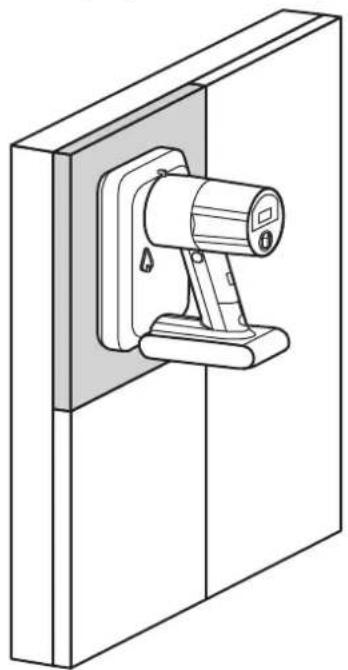 Technical line drawing of a wall-mounted device mounted on a panel (no text or symbols)