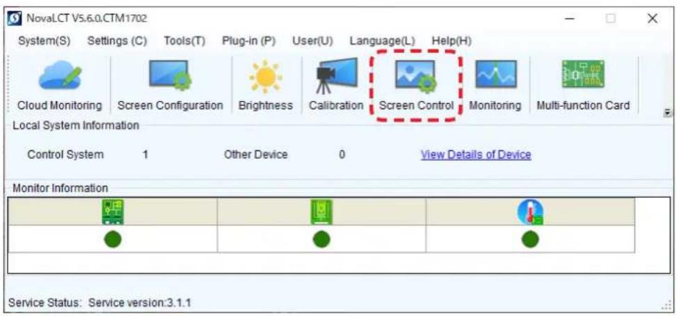 NovaLCT V5.6.0.CTM1702 System(S) Settings (C) Tools(T) Plug-in (P) User(U) Language(L) Help(H) Cloud Monitoring Screen Configuration Brightness Calibration Screen Control Monitoring Multi-function Card Local System Information Control System 1 Other Device 0 View Details of Device Monitor Informatio…