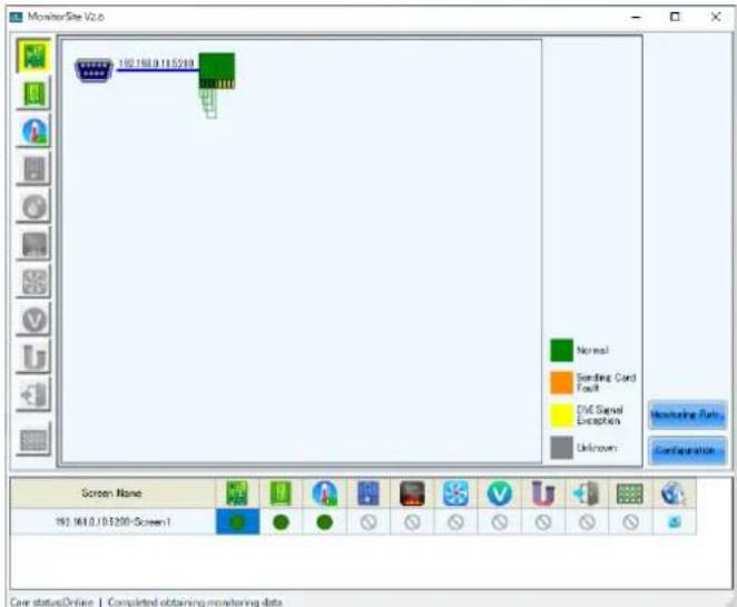 MonitorSite V2.6 192.148.9.115519 Normal Sending Card Fault DVI Signal Exception Unknown Screen Name 192.148.9.101250-Screen1 Case status:Online | Completed obtaining monitoring data