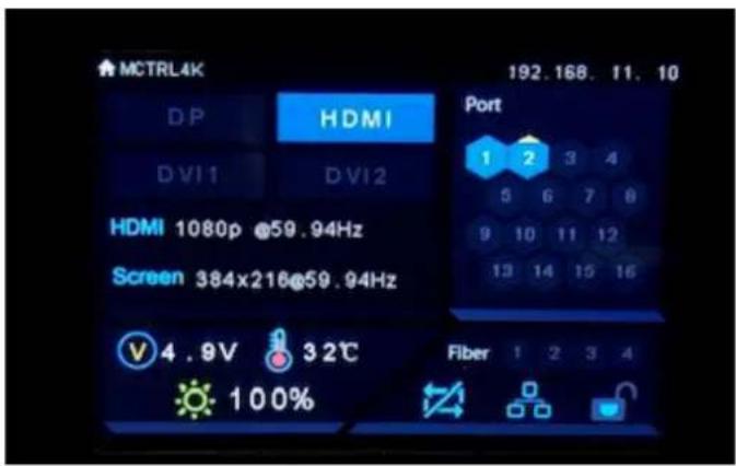 MCTRL4K 192.168. 11. 10 D.P HDMI DVI1 DVI2 HDMI 1080p @59.94Hz Screen 384x216@59.94Hz Port 1 2 3 4 5 6 7 8 9 10 11 12 13 14 15 16 V 4.9V 32°C Fiber 1 2 3 4 100%